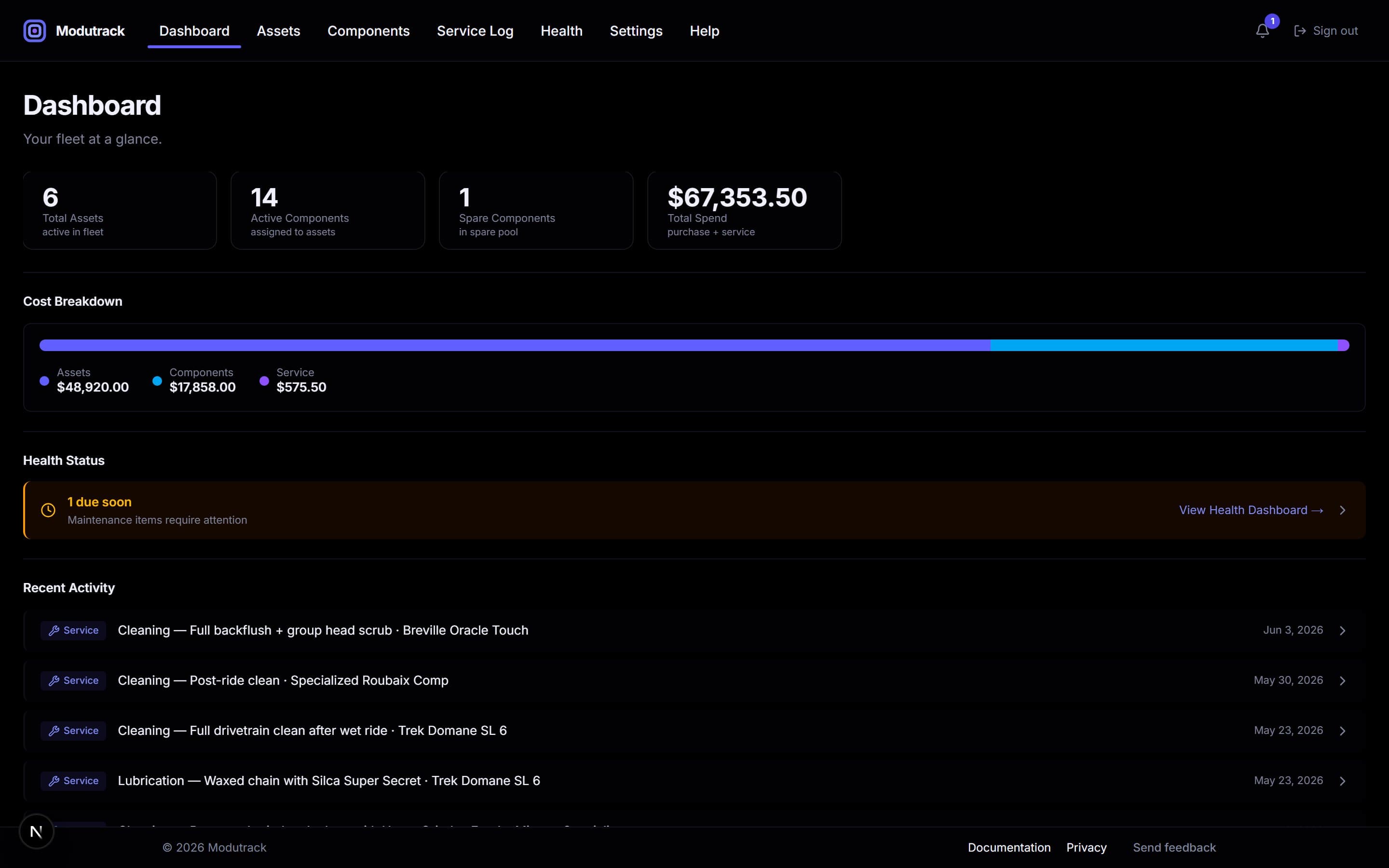 Modutrack dashboard showing asset list with stat cards for total assets, components, cost, and overdue maintenance items